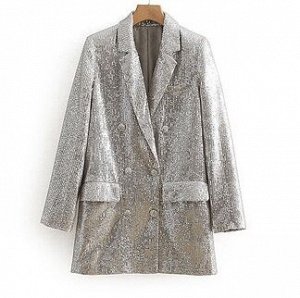 Двубортный пиджак с пайетками,серебро