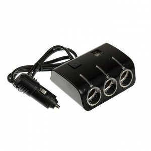 Разветвитель прикуривателя, 3 гнезда с подсветкой, 2 USB, 12/24 В, провод 70 см, черный