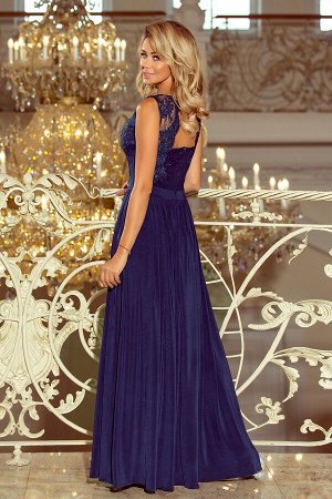Платье NUMOCO 215-2 тёмно-синий  Макси-платье с  вышитым декольте. Без рукавов. Платье красиво раскрывает декольте и спину. Круж