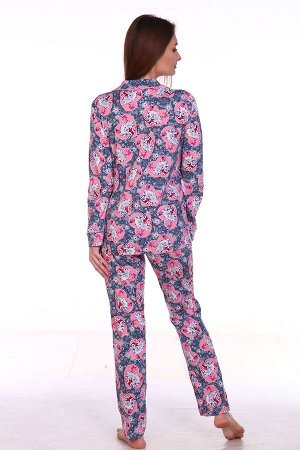Пижама Женская трикотажная пижама с центральной бортовой застёжкой на пуговицы, отложным английским воротником. Рукава втачные на манжете. На левой полочке накладной карман с закругленными нижними угл