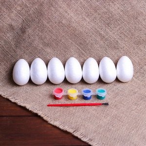 Набор яиц под раскраску 7 шт, размер 1 шт 4*6 см, краски 4 шт по 3 мл, кисть