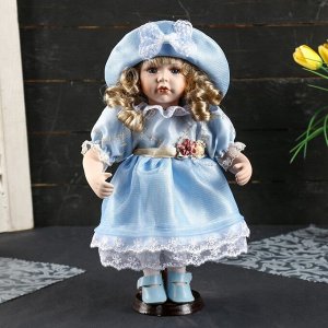 Кукла коллекционная керамика "Катюша в нежно-голубом платье со шляпкой" 30 см
