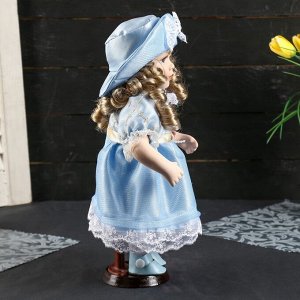 Кукла коллекционная керамика "Катюша в нежно-голубом платье со шляпкой" 30 см
