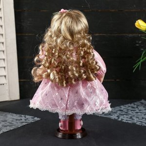 Кукла коллекционная керамика "Валечка в розовом платье с кружевом" 30 см