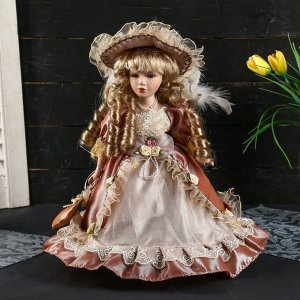 Кукла коллекционная керамика "Марго в карамельном платье в шляпе и с сумкой" 30 см