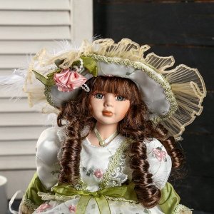 Кукла коллекционная керамика "Лидия в оливковом платье с цветами с зонтом" 30 см