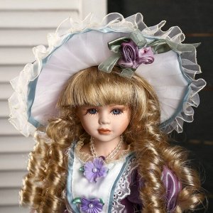 Кукла коллекционная керамика &quot;Ангелина в сиренево-розовом платье. шляпе, с зонтом&quot; 35 см