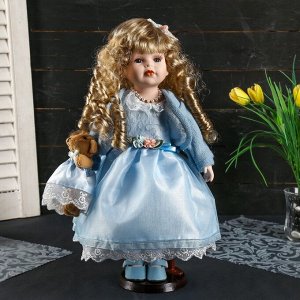 Кукла коллекционная керамика "Танюша в нежно-голубом платье, свитере, с мишкой" 37 см