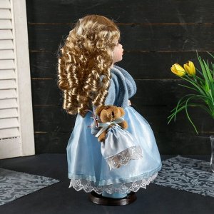 Кукла коллекционная керамика "Танюша в нежно-голубом платье, свитере, с мишкой" 37 см