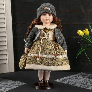Кукла коллекционная керамика "Вика с цветочном платье, сером джемпере с сумочкой" 40 см