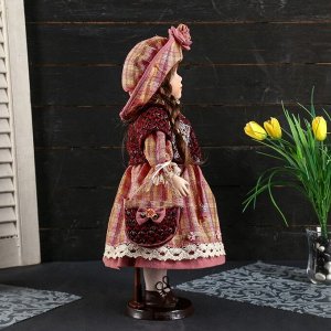 Кукла коллекционная керамика "Женечка в платье в клеточку, в шляпке и с сумочкой" 40 см