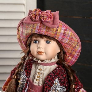 Кукла коллекционная керамика "Женечка в платье в клеточку, в шляпке и с сумочкой" 40 см