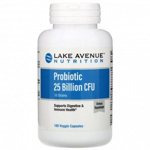 Lake Avenue Nutrition, пробиотики, смесь из 10 штаммов, 25 млрд КОЕ, 180 вегетарианских капсул