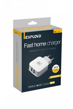 Exployd, 3.4A, 2.4А+1А, 2хUSB, белый, SONDER, EX-Z-428