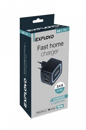 Exployd, 3.4A, 2.4А+1А, 2хUSB, подсветка, чёрный