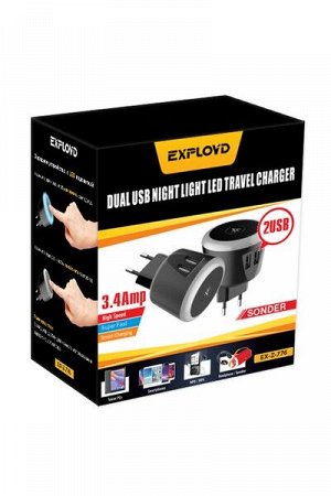 Exployd, 3.4A, 2.4А+1А, 2хUSB, подсветка, чёрный