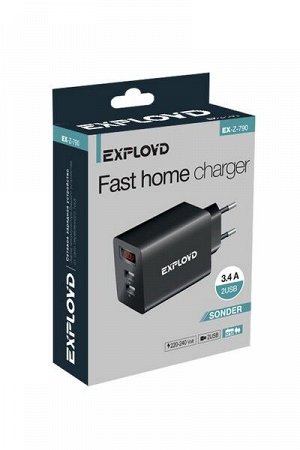 Exployd, 3.4A, 2.4А+1А, 2хUSB, Display, чёрный, SONDER, EX-Z-790