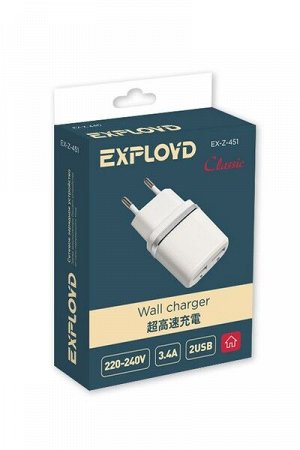 Exployd, 3.4A, 2.4А+1А, 2хUSB, белый, Classic, EX-Z-451