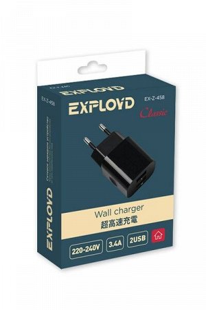 Exployd, 3.4A, 2.4А+1А, 2хUSB, чёрный, Classic, EX-Z-458