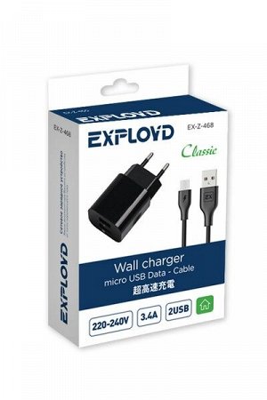 Exployd, micro USB, 3.4A, 2.4А+1А, 2хUSB, чёрный, Classic, EX-Z-468