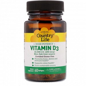 Country Life, High Potency Vitamin D3, 250 mcg (10,000 IU), 60 Softgels