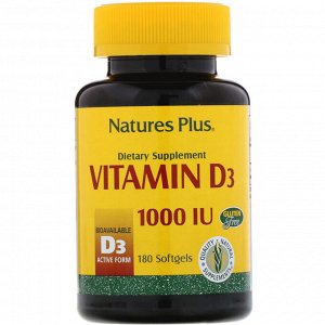Nature&#x27 - s Plus, Витамин D3, 1000 МЕ, 180 гелевых капсул