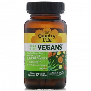 Country Life, Max for Vegans, мультивитаминный и минеральный комплекс, 120 веганских капсул