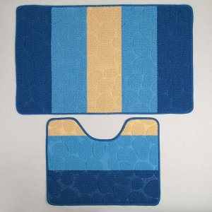 Набор ковриков для ванны и туалета Доляна «Полосатый, галька» 2 шт, 39?48, 48?76 см, цвет синий