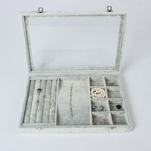 Подставка для украшений "Шкатулка" 4 ряда, 6 крючков, 8 ячеек, стеклянная крышка, цвет серый