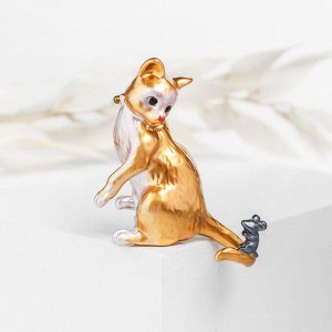 Брошь "Кот и мышь", цвет оранжево-серый в золоте