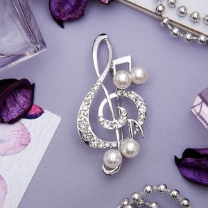 Брошь "Скрипичный ключ" с жемчужными нотками, цвет белый в серебре