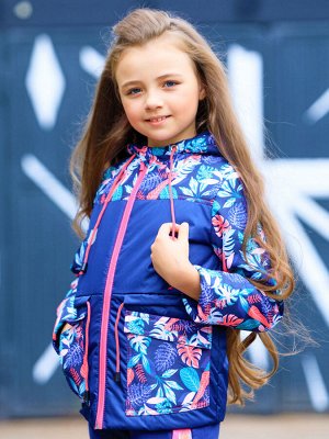 Демисезонная куртка синего цвета с цветами и капюшоном для девочки (24110)