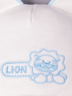 Шапочка трикотажная для мальчика с ушками, на завязках, вышивка lion, молочный