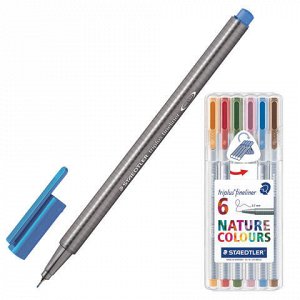 Ручки капиллярные STAEDTLER в НАБОРЕ из 6 шт., АССОРТИ, "TRIPLUS FINELINER", природные цвета, линия письма 0,3 мм, 334 SB6CS2