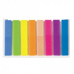 Закладки клейкие STAFF, НЕОНОВЫЕ пластиковые, 45х8 мм, 8 цветов х 20 листов, на пластиковом основании, 129354