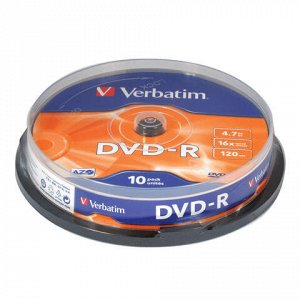 Диски DVD-R (минус) VERBATIM 4,7 Gb 16x, КОМПЛЕКТ 10 шт., Cake Box, 43523