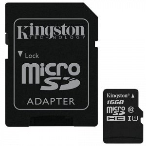 Карта памяти micro SDHC,16 GB, KINGSTON Canvas Select, UHS-I U1, 80 Мб/сек. (class 10), адаптер, SDCS/16GB