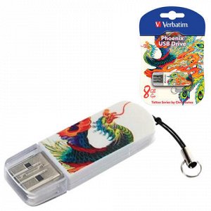 Флэш-диск 8 GB, VERBATIM Mini Tattoo Edition Phoenix, USB 2.0, белый с рисунком, 49883