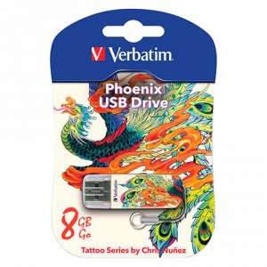 Флэш-диск 8 GB, VERBATIM Mini Tattoo Edition Phoenix, USB 2.0, белый с рисунком, 49883