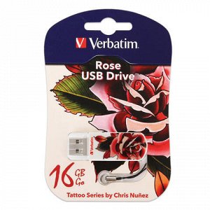 Флэш-диск 16 GB, VERBATIM Mini Tattoo Edition Rose, USB 2.0, белый с рисунком, 49885