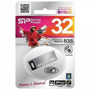 Флэш-диск 32 GB, SILICON POWER Touch 835, USB 2.0, металлический корпус, серый, SP32GBUF2835V1T