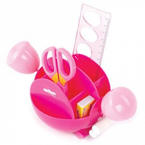 Канцелярский детский набор ЮНЛАНДИЯ "КРАБ", 4 предмета: подставка, линейка со скрепками, ножницы, ластик, цвет - розовый, блисте