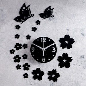 Часы-наклейка DIY Цветы и бабочкиd=15 см, плавный ход, тип батарейки 1 АА