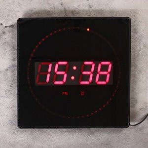 Часы настенные электронные с термометром и будильником, красные цифры 32х32х3 см