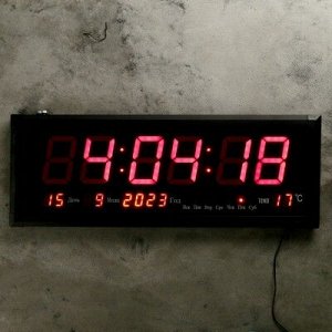 Часы настенные электронные, с термометром и календарём, красные цифры, 64х24х3 см