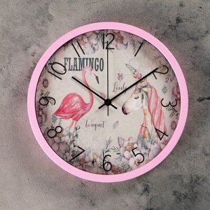 Часы настенные, серия: Животный мир, "Фламинго", d=30 см, арабские цифры, микс