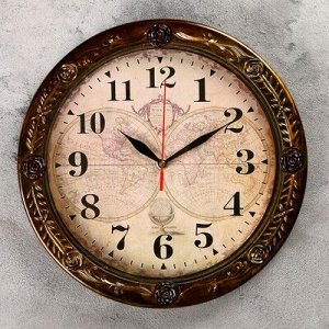 Часы настенные, серия: Интерьер, "Карта мира", d= 29 cм, коричневая рама