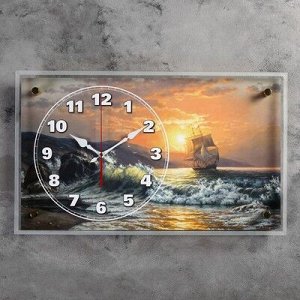Часы настенные, серия: Море, "Корабль у берега на закате", 36х60 см