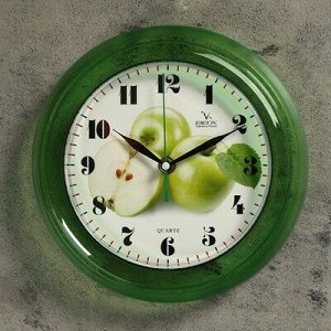 Часы настенные, серия: Кухня, Яблоки, зелёный обод, 22х22 см