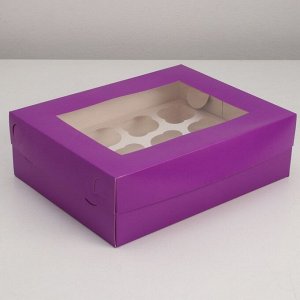 Упаковка на 12 капкейков с окном, фиолетовая, 32,5 х 25,5 х 10 см